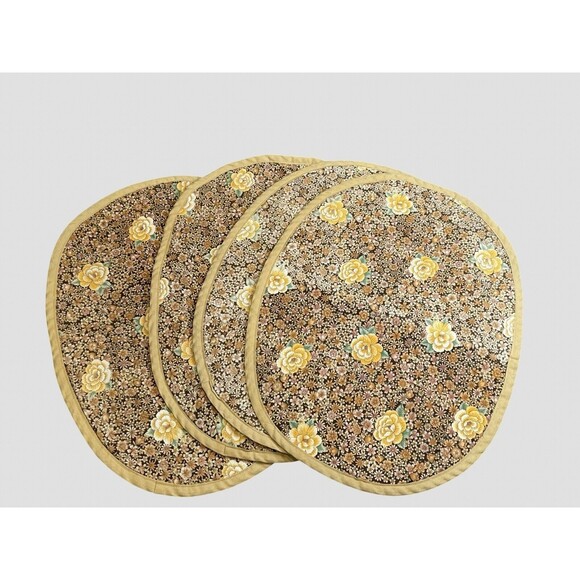 Set of 4 Vintage Handmade Placemats MCM 1960s Brown & Yellow Floral Roses - Picture 7 of 11